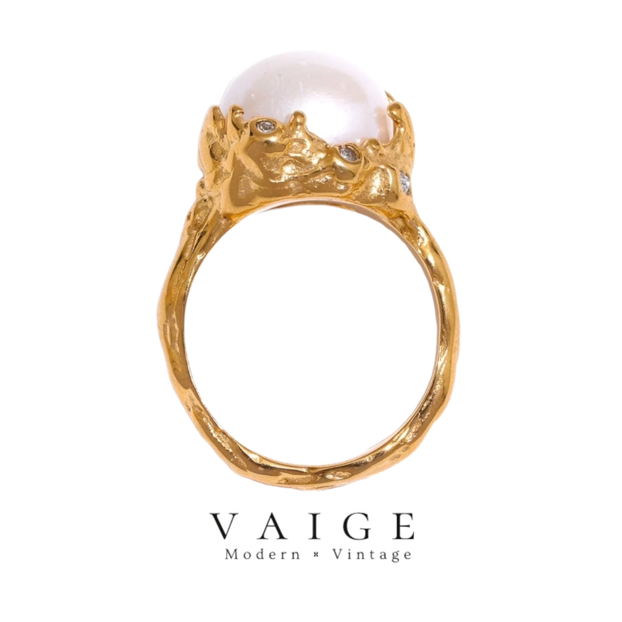 VAIGE Elegant Gold Pearl & Hammered Stainless Steel Fashion Ring