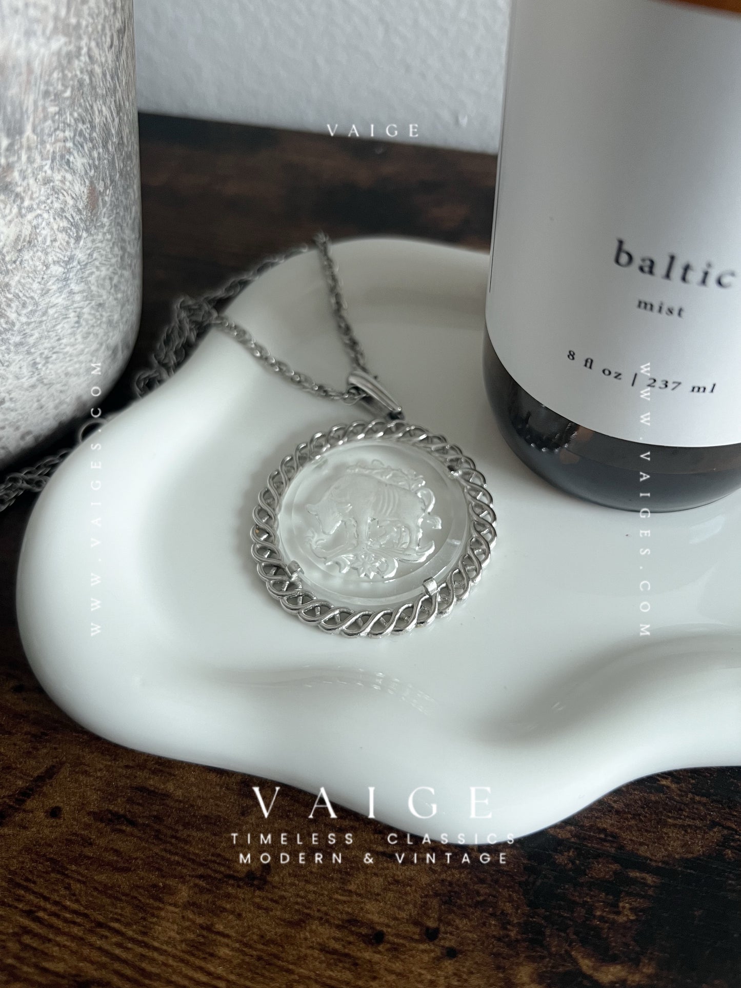 VAIGE One Of One | Vintage Circle Coin Silver Zodiac Necklace Taurus Glass Engraved