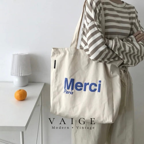 "Merci" Printed French Large Tote Bag