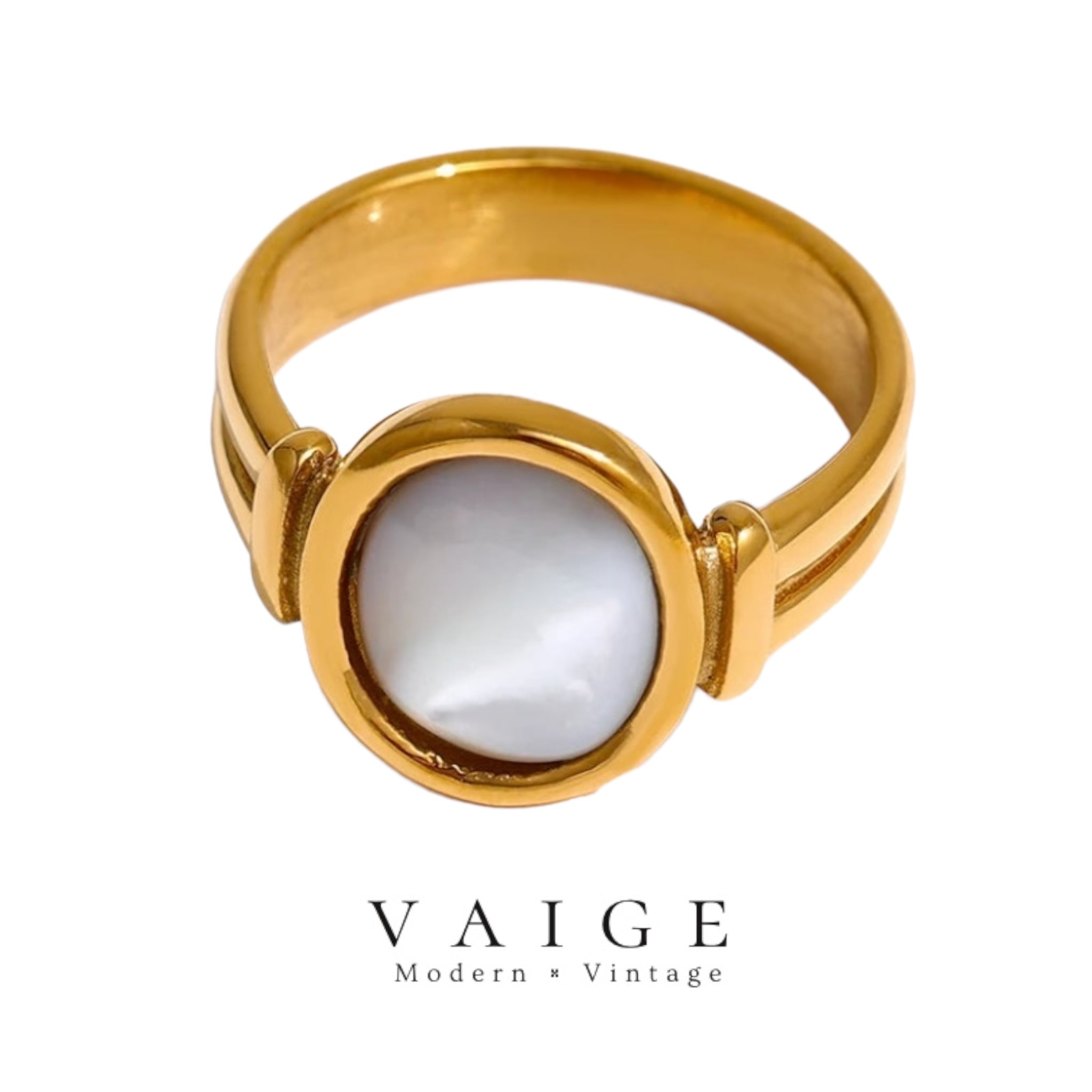 VAIGE Elliot Gold-Plated Stainless Steel Ring with Natural Shell Accent