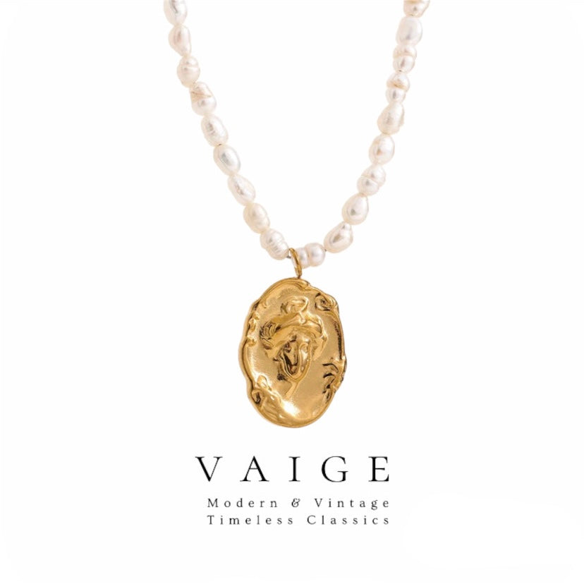 VAIGE Elegant Gold & Pearl Stainless Steel Necklace