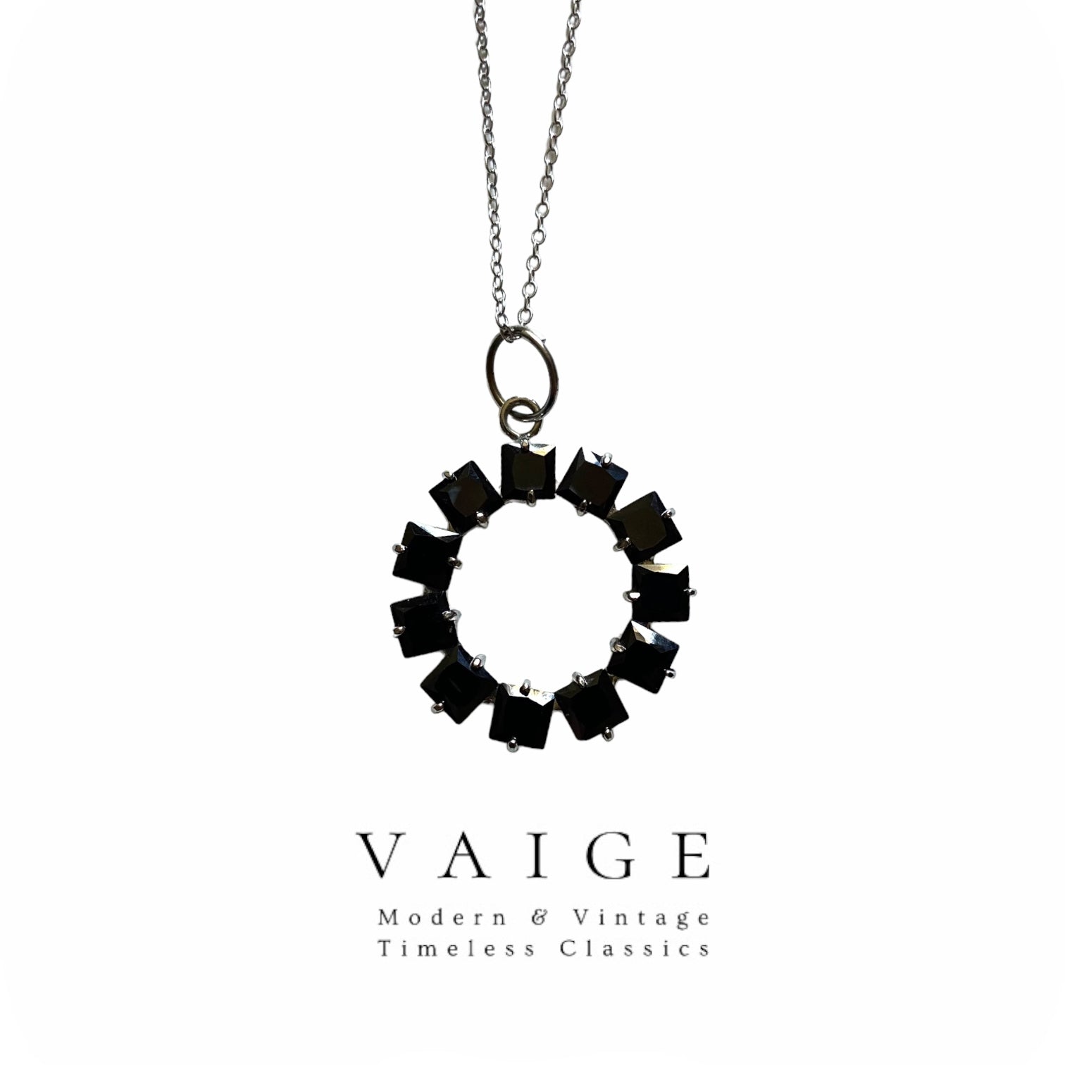 One-of-one | vintage black zircon square circle silver necklace 18”