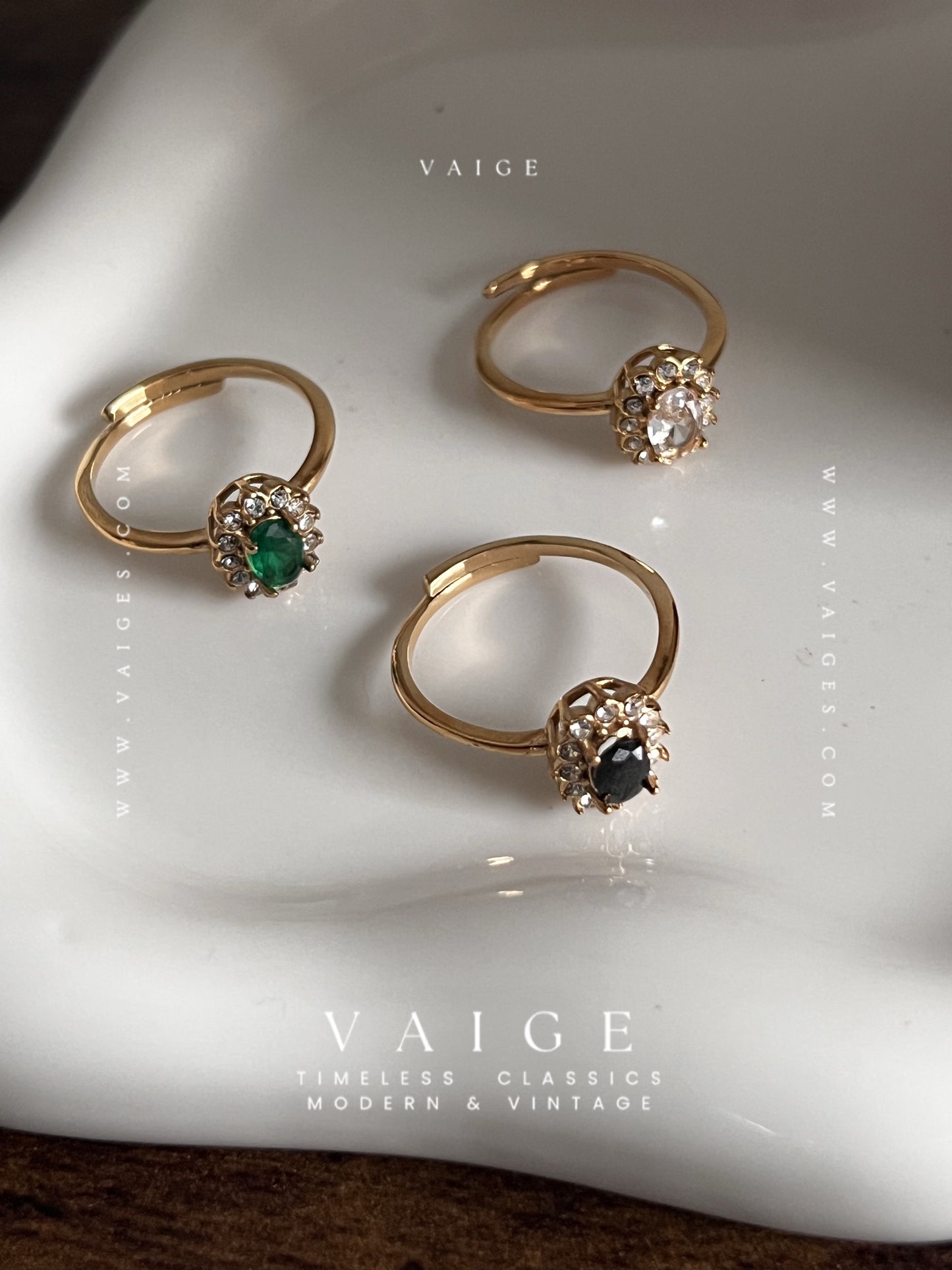 VAIGE Oval Floral Cubic Zirconia Green Black Clear Stone Ring Adjustable