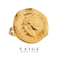 VAIGE Timeless Geometric Coin Portrait Stainless Steel Ring in Silver