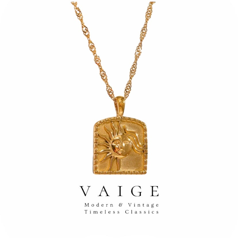 VAIGE Radiant Gold Sun Pendant Necklace in Stainless Steel