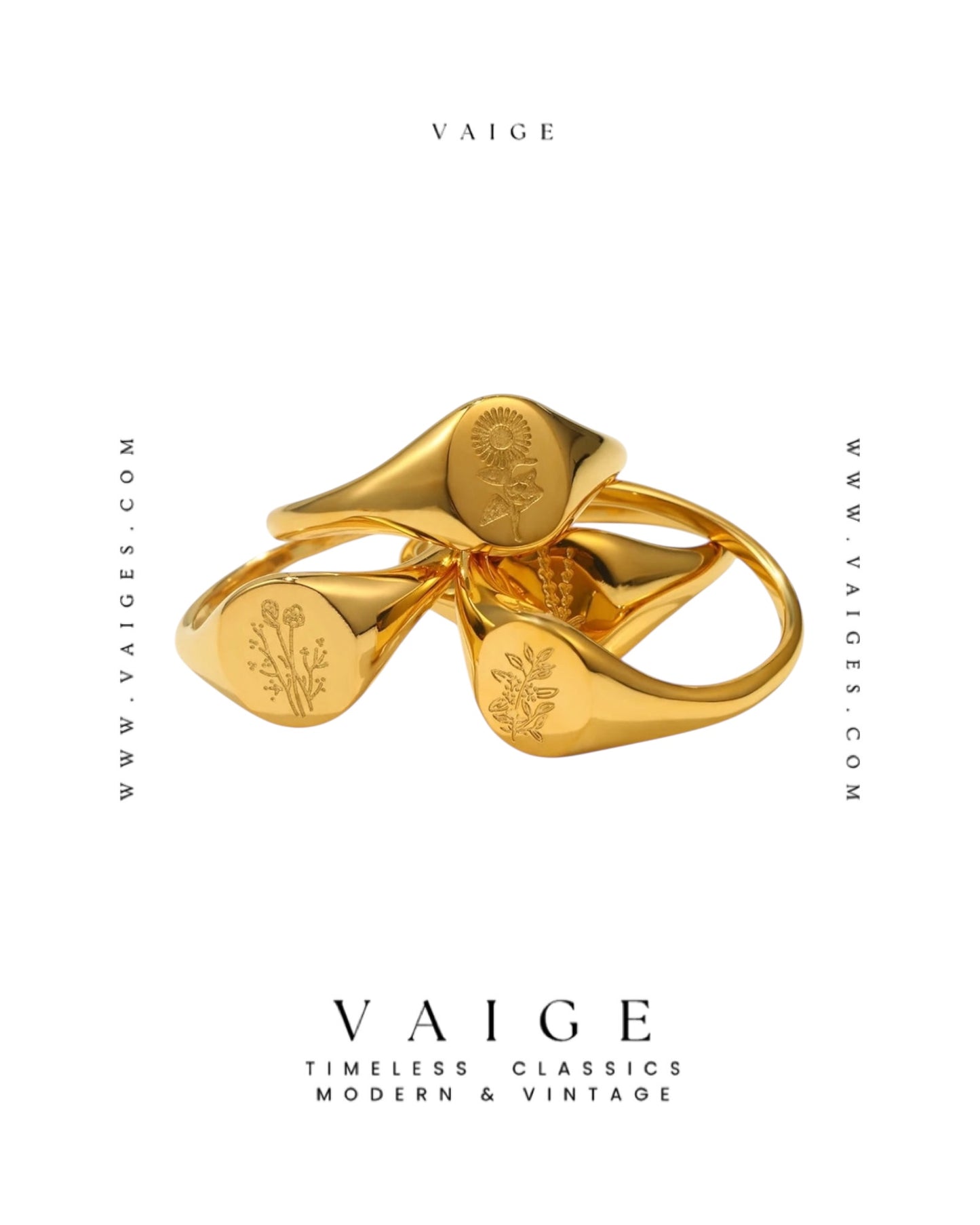 VAIGE Stainless Steel 18K Gold Engraving Wildflower Lavender Sunflower Signet Ring
