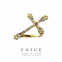 VAIGE Victorian Vintage Colorful Gold & Silver Cross Cocktail Ring in Multicolor Zircon