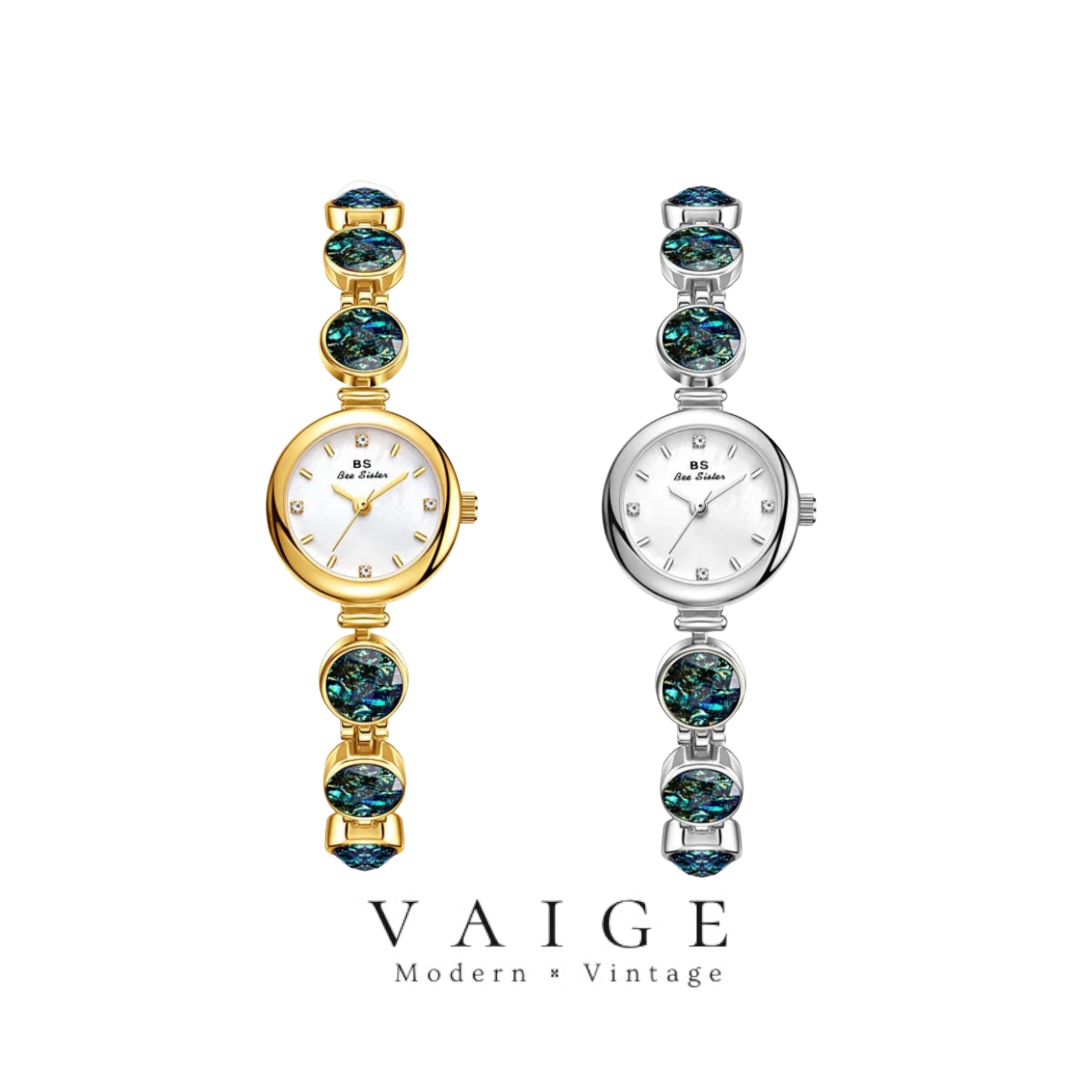 VAIGE Madeline Malachite & Gold Quartz Watch with Silver Accents