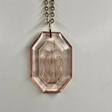 gold pink flower engraved glass   pendant necklace • 16-18in — Vintage Collection • only 1 available • View all photos; item is thrifted/vintage and may show flaws.