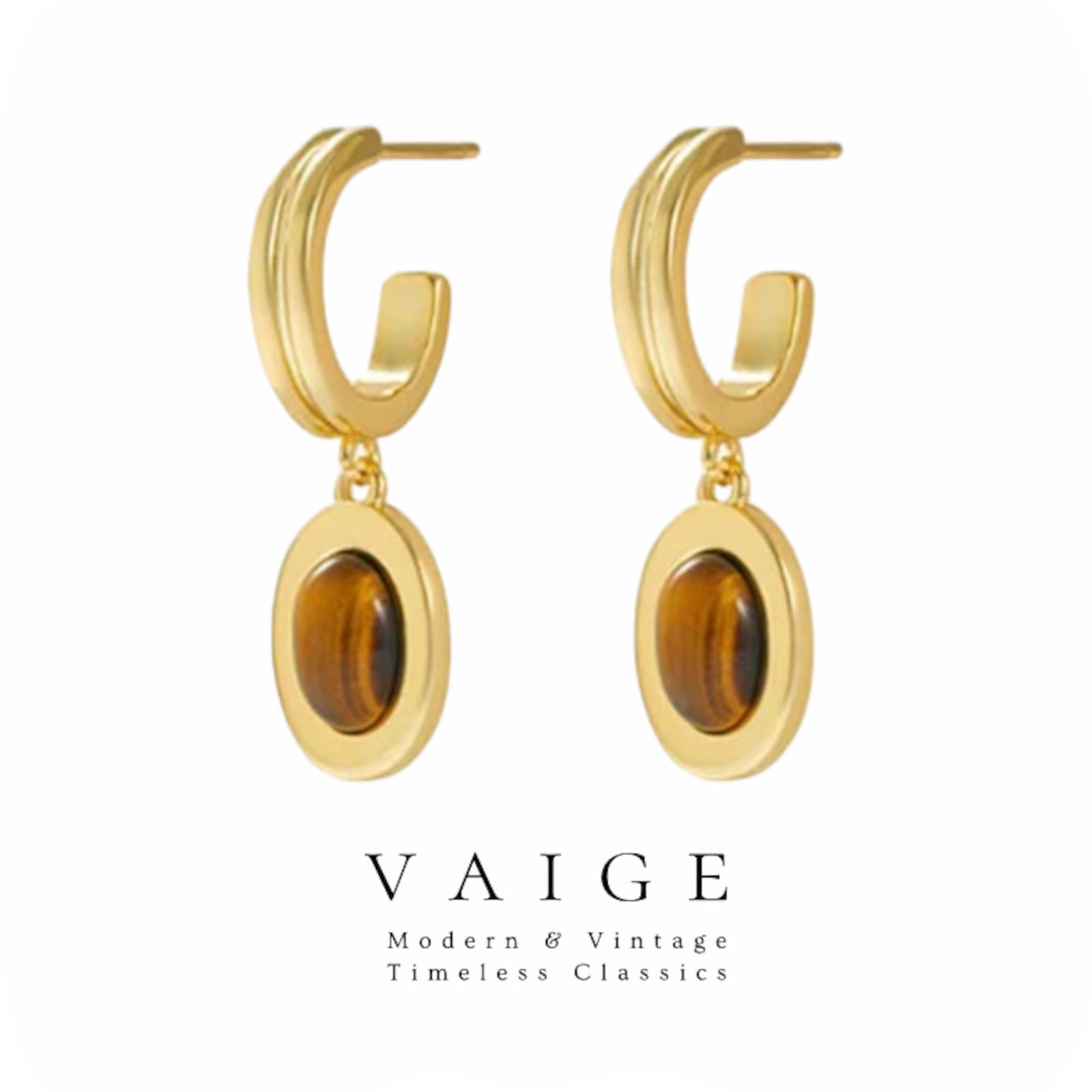 VAIGE Geometric Gold Plated Tiger Eye Drop Earrings in Rich Brown