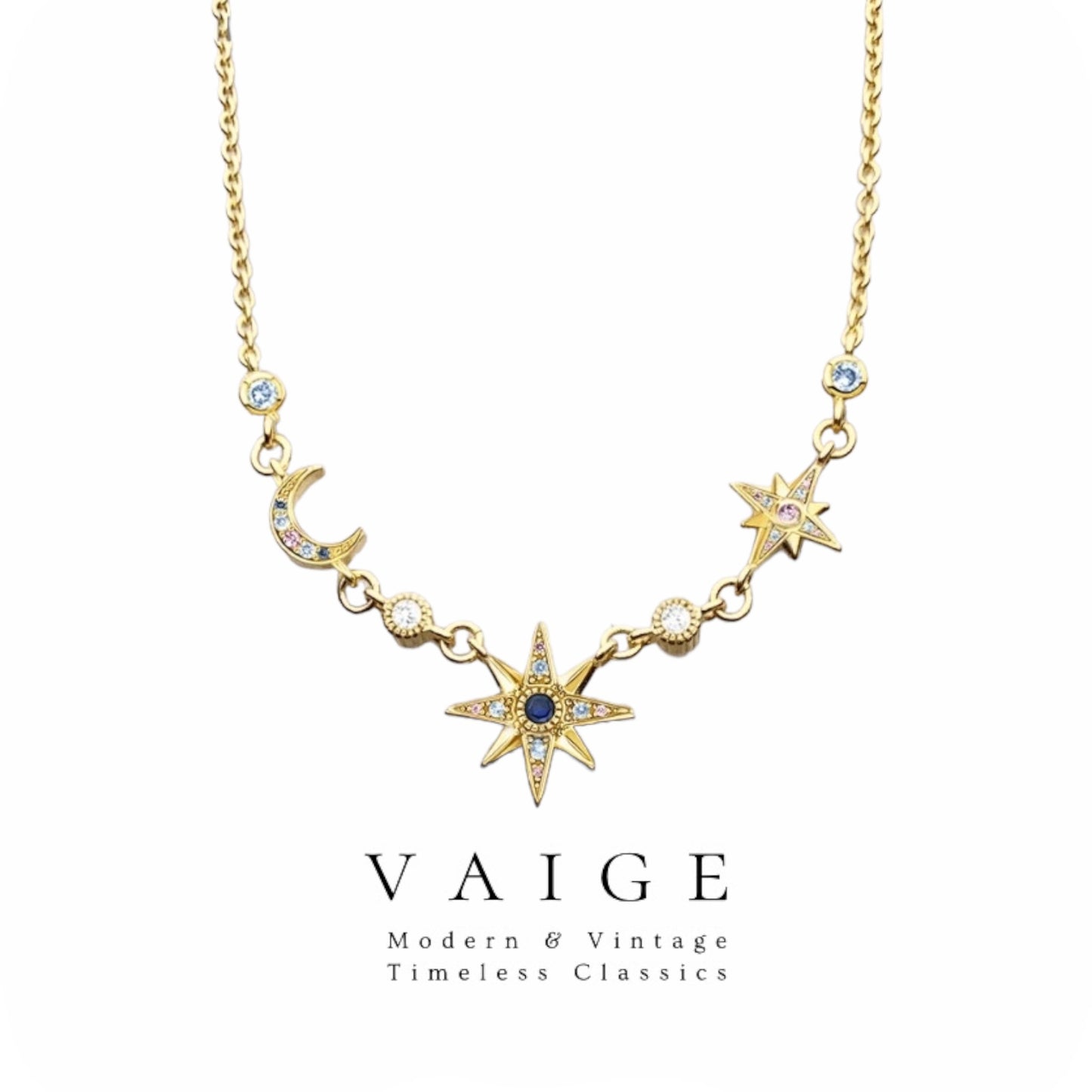 VAIGE Celestial Elegance Necklace - Gold Star & Moon in 925 Sterling Silver