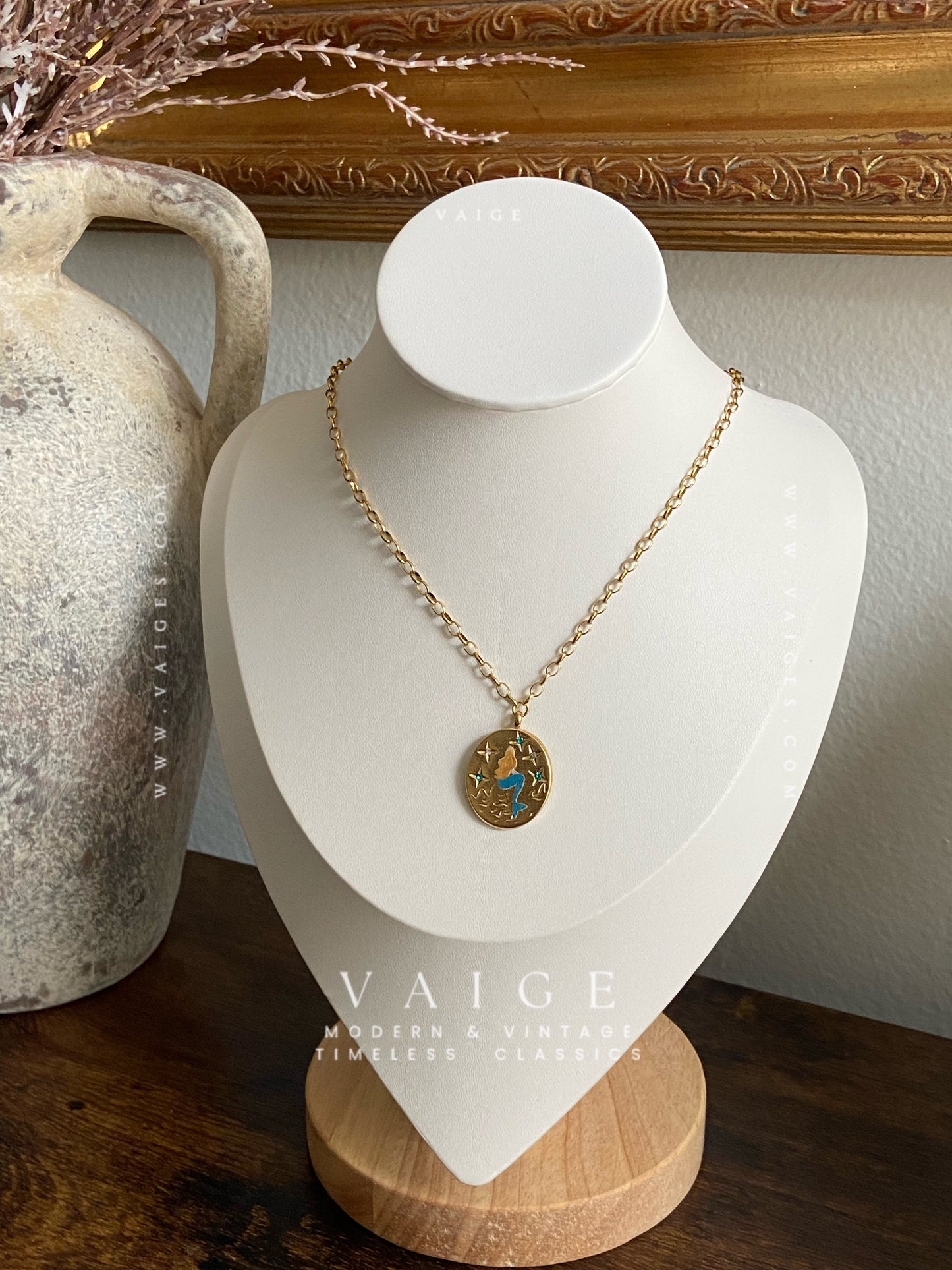 VAIGE Mermaid Tarot Charm 18K Gold Plated Stainless Steel Necklace