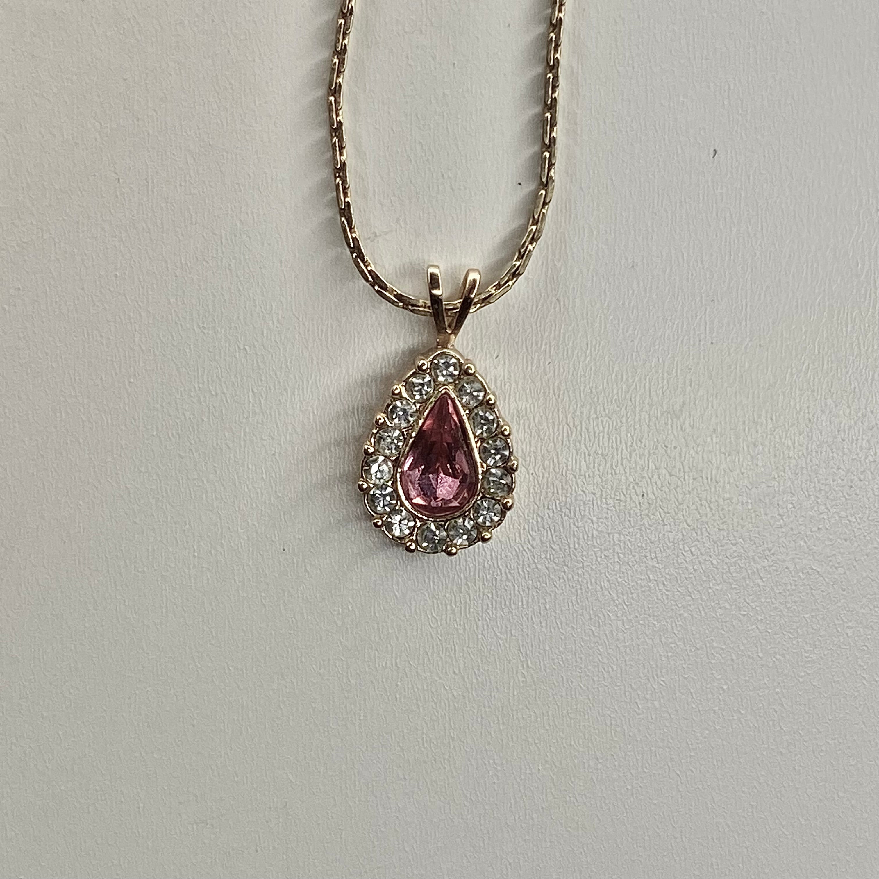 gold pink teardrop zircon   pendant necklace • 16-18in — Vintage Collection • only 1 available • View all photos; item is thrifted/vintage and may show flaws.