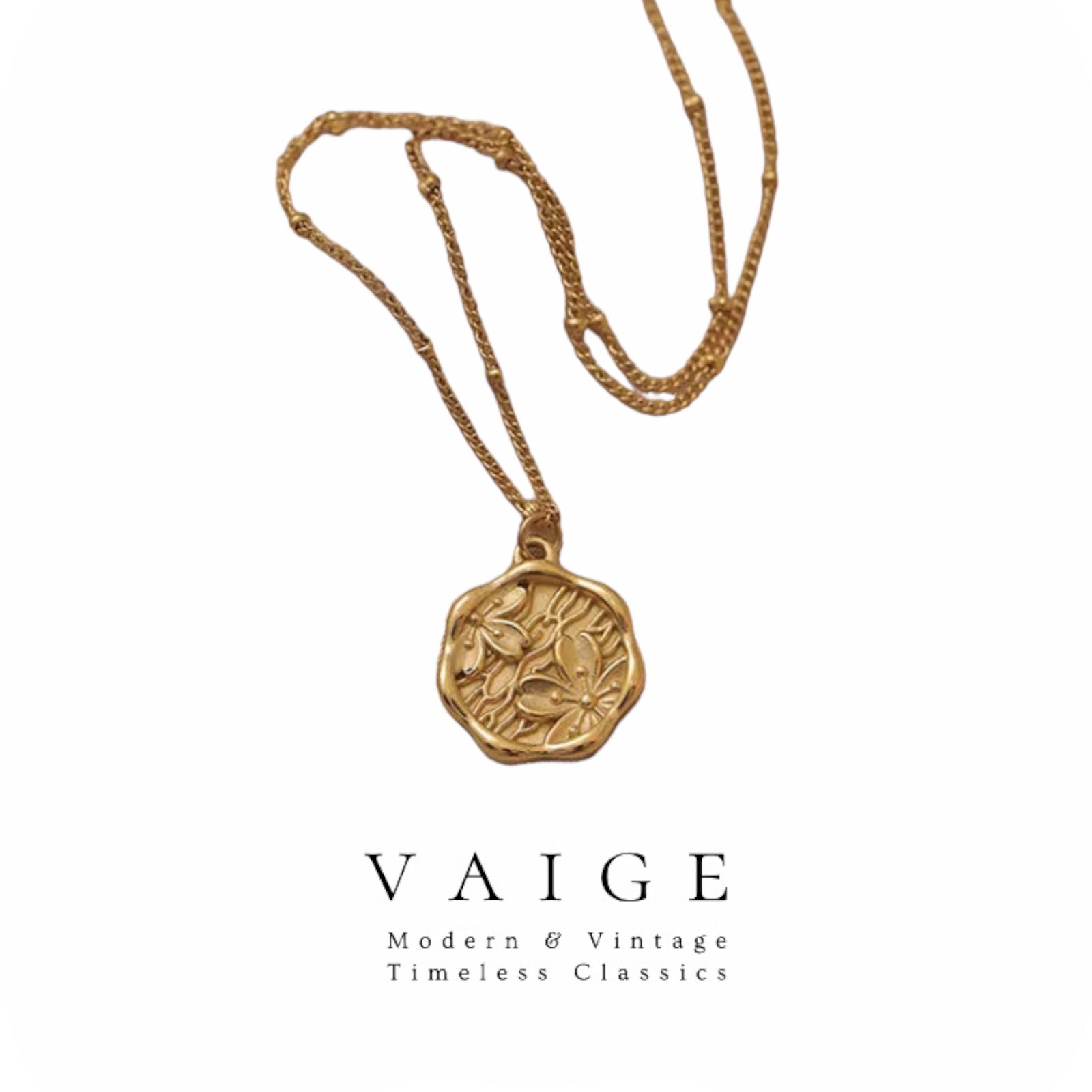 VAIGE Elegant Gold Floral Coin Stainless Steel Necklace