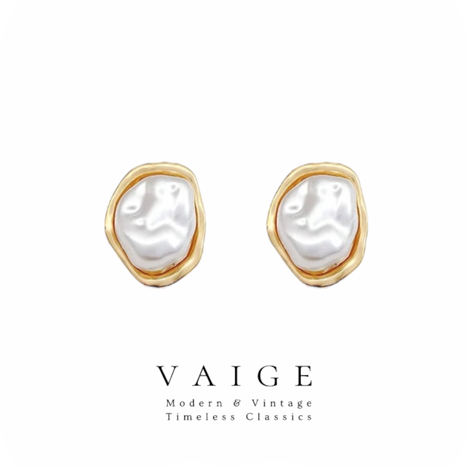 White Oval Stud Earrings Irregular gold