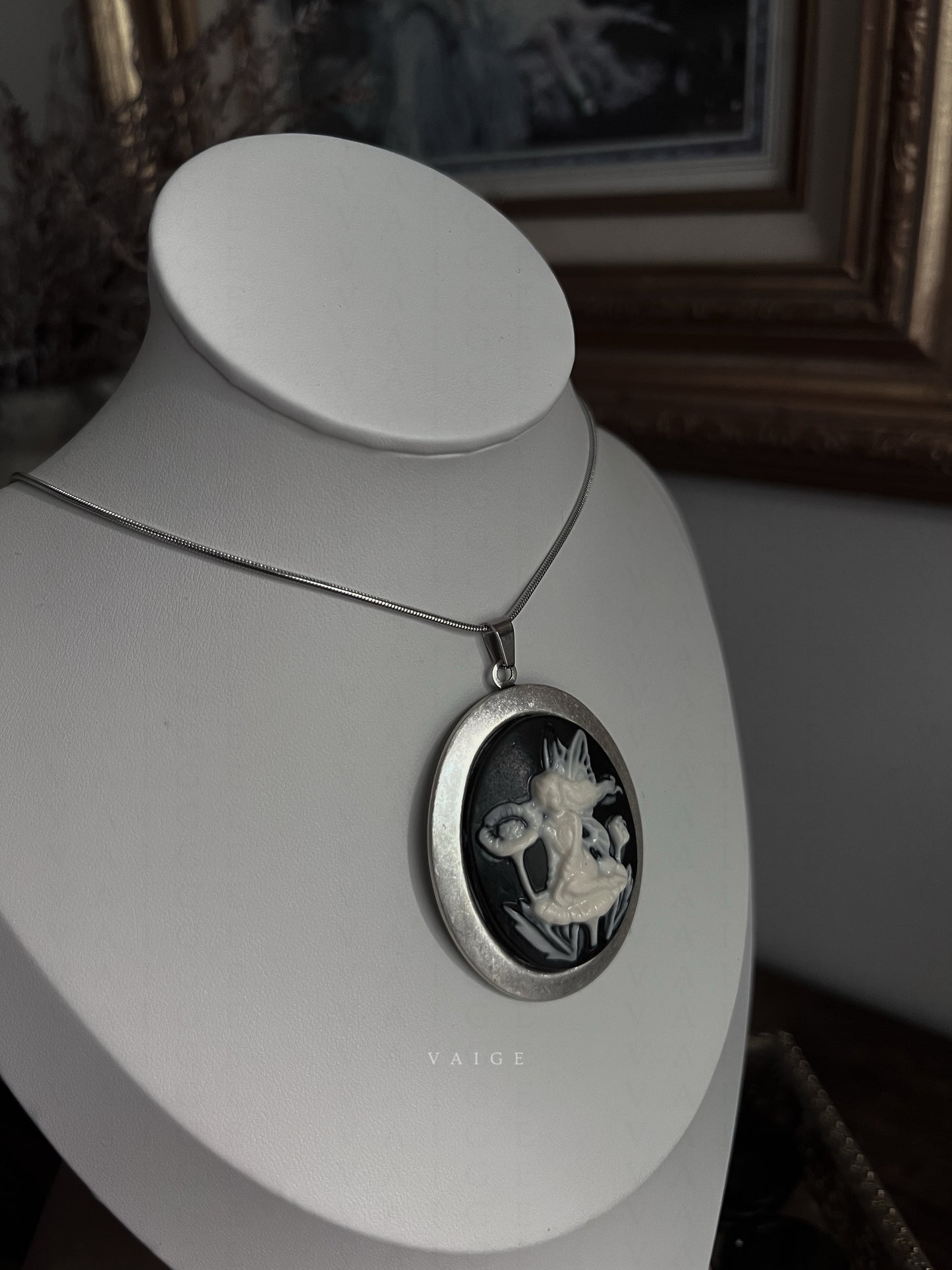 VAIGE Fairy on Flower Cameo Silver Necklace
