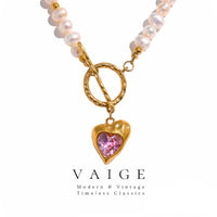 VAIGE Elegant Pink and Green Freshwater Pearl Heart Toggle Necklace