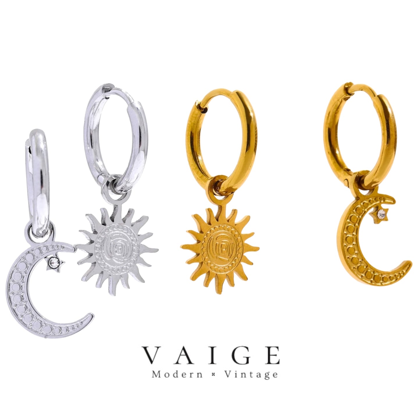 VAIGE Celestial Gold Plated Huggie Hoop Earrings with Star & Moon Design in Stainless Steel