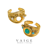 VAIGE Tegan Luxe Natural Stone & Shell Crystal Zircon Wide Steel Ring in Ocean Blue and Earthy Beige