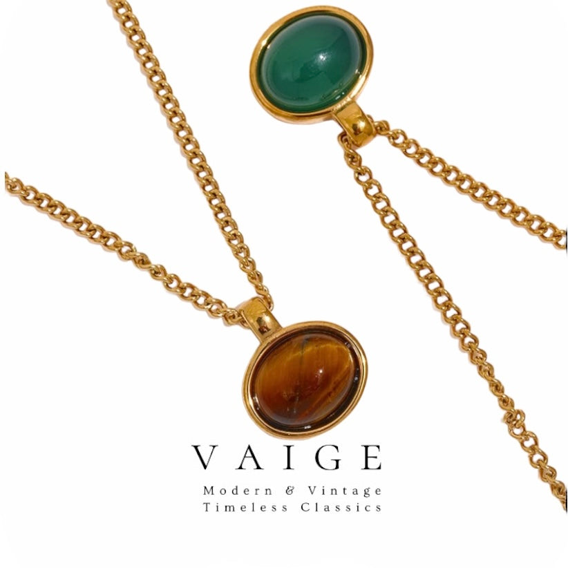 VAIGE Elegant Green Agate & Tiger Stone Gold Pendant Necklace in Stainless Steel