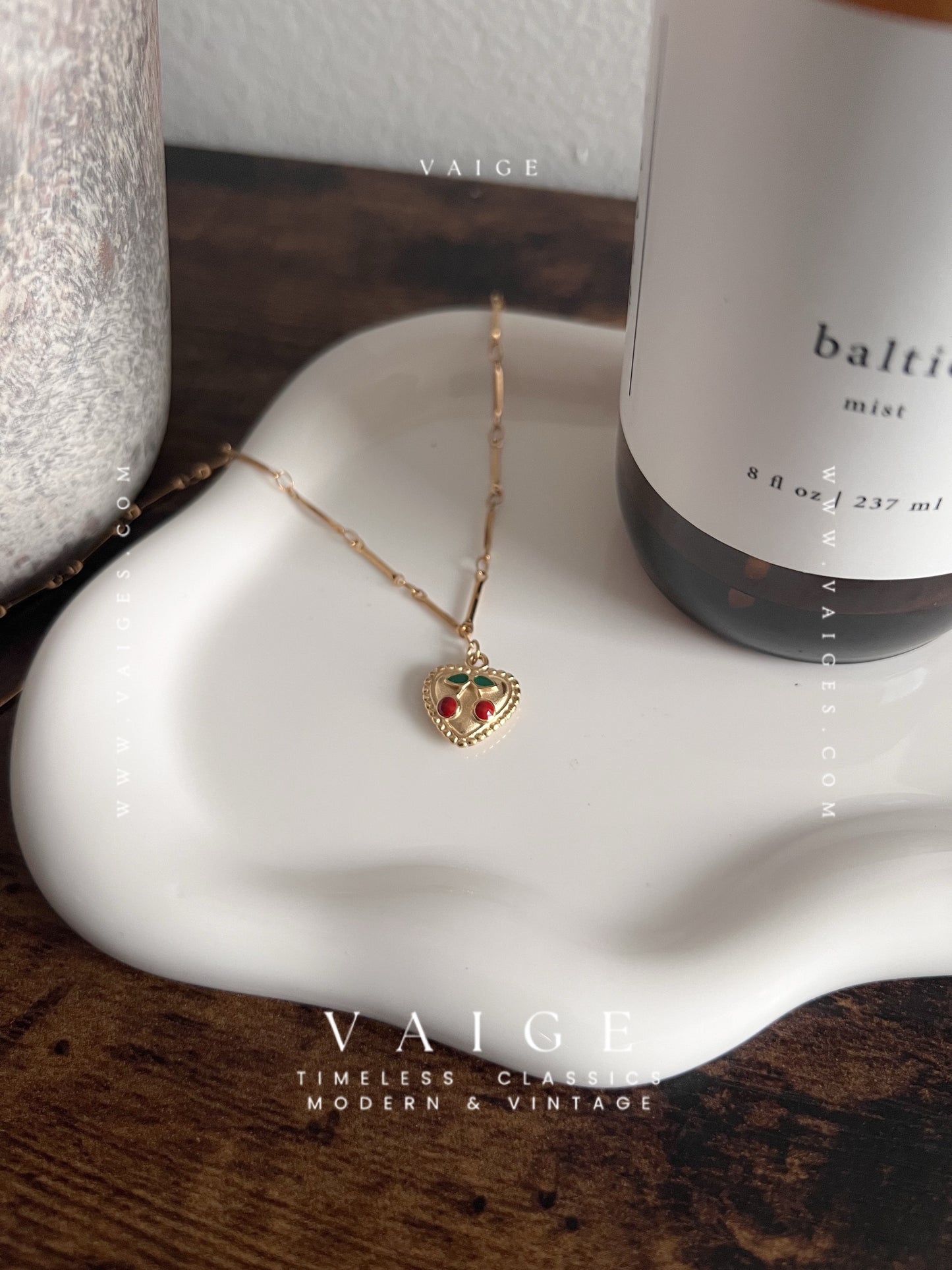 VAIGE Cherry Heart Pendant Necklace Gold Stainless Steel