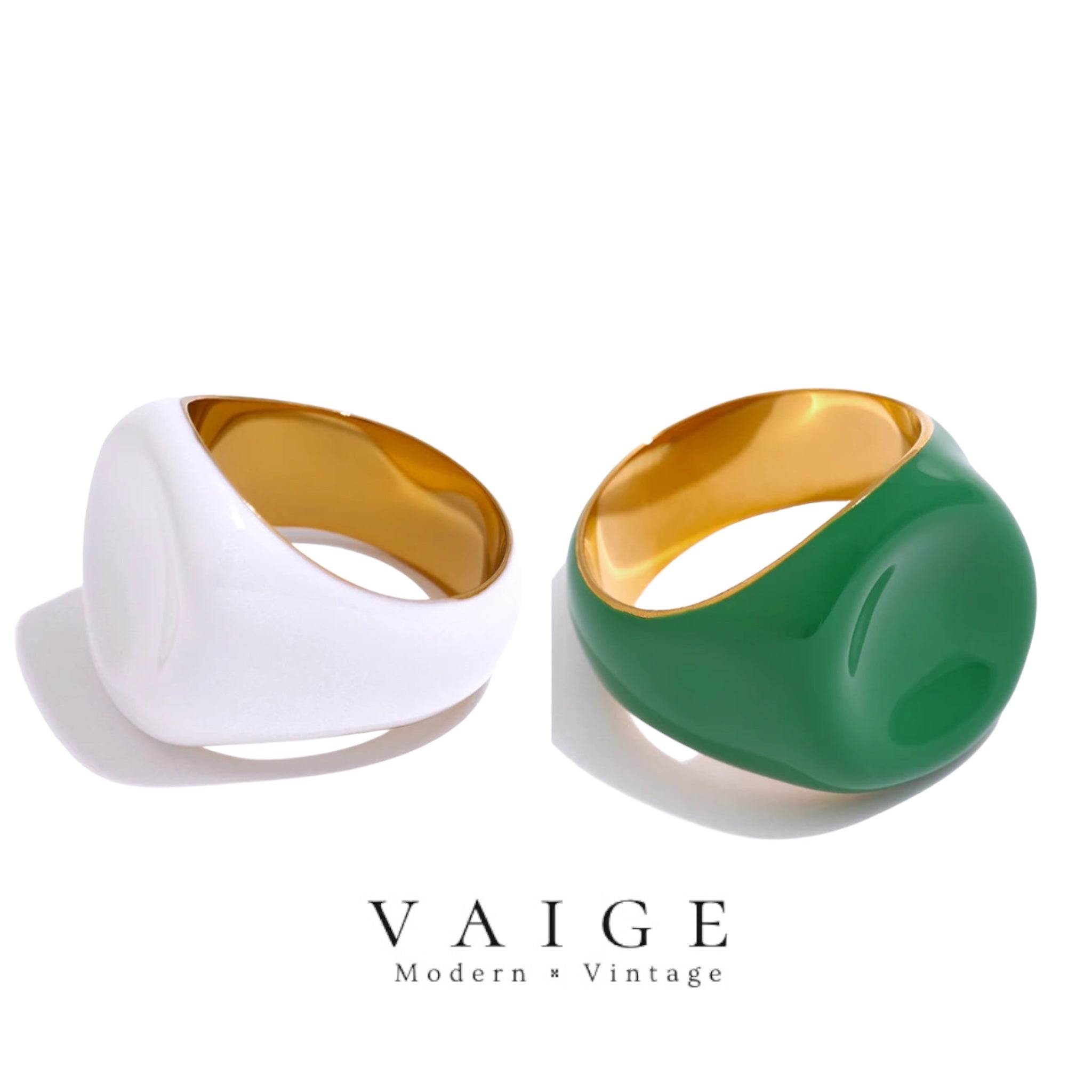 VAIGE Emerald Elegance Stainless Steel Enamel Ring