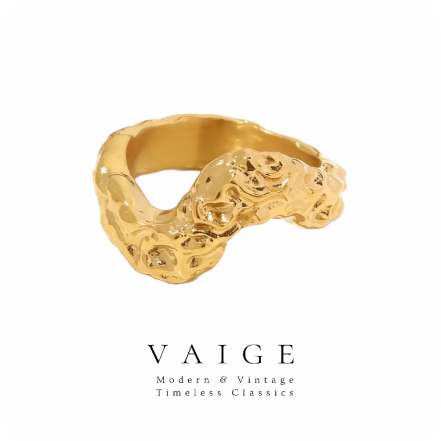 VAIGE Golden Irregular Hammered Texture Stainless Steel Ring