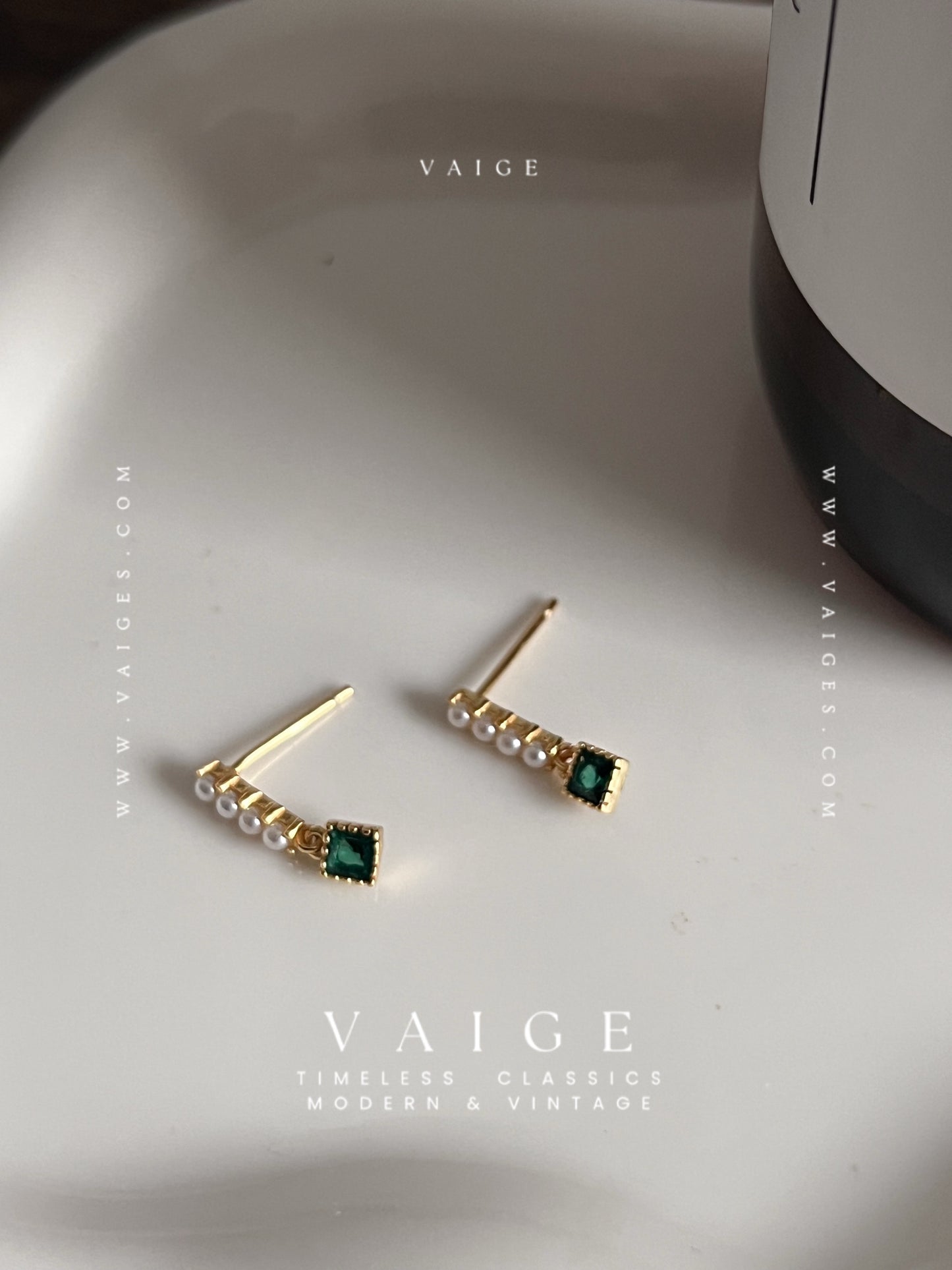 VAIGE 925 Sterling Silver Emerald Green Square Zircon Pearl Stud Earrings