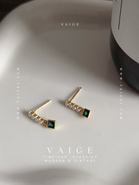 VAIGE 925 Sterling Silver Emerald Green Square Zircon Pearl Stud Earrings