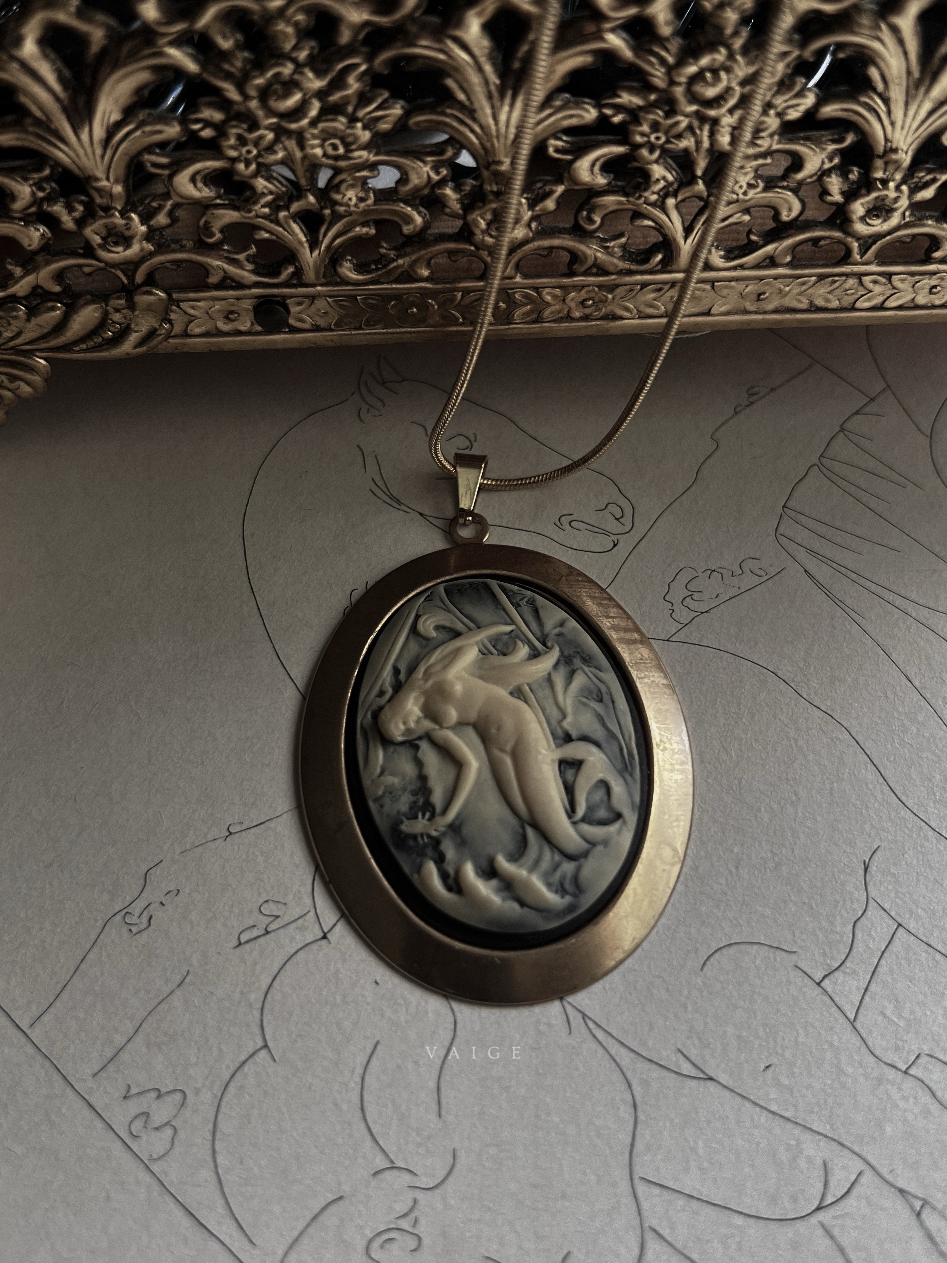 VAIGE  Siren Mermaid Cameo Gold Necklace