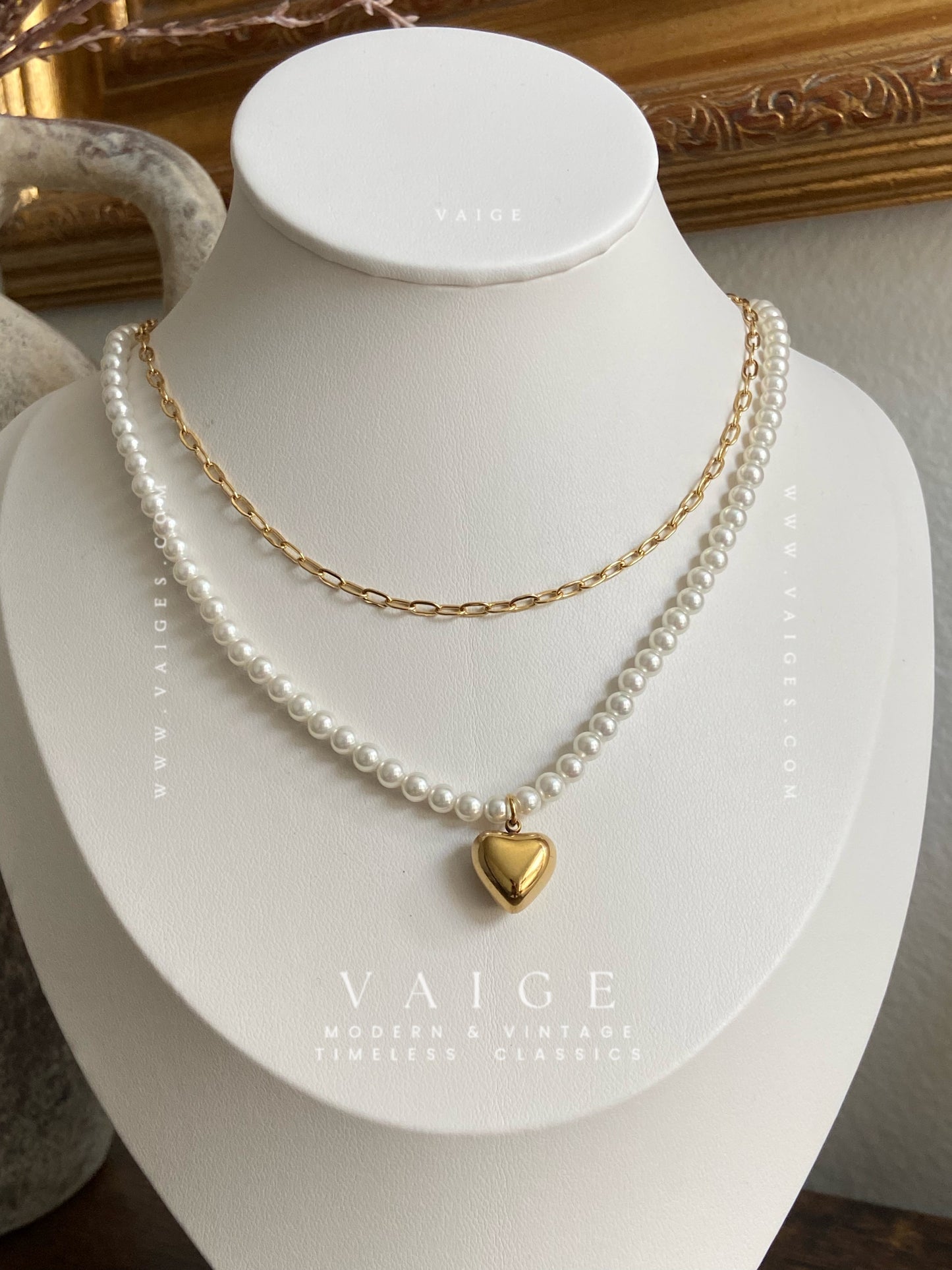 VAIGE 18K Gold Plated SS Pearl Beaded Heart Pendant Necklace