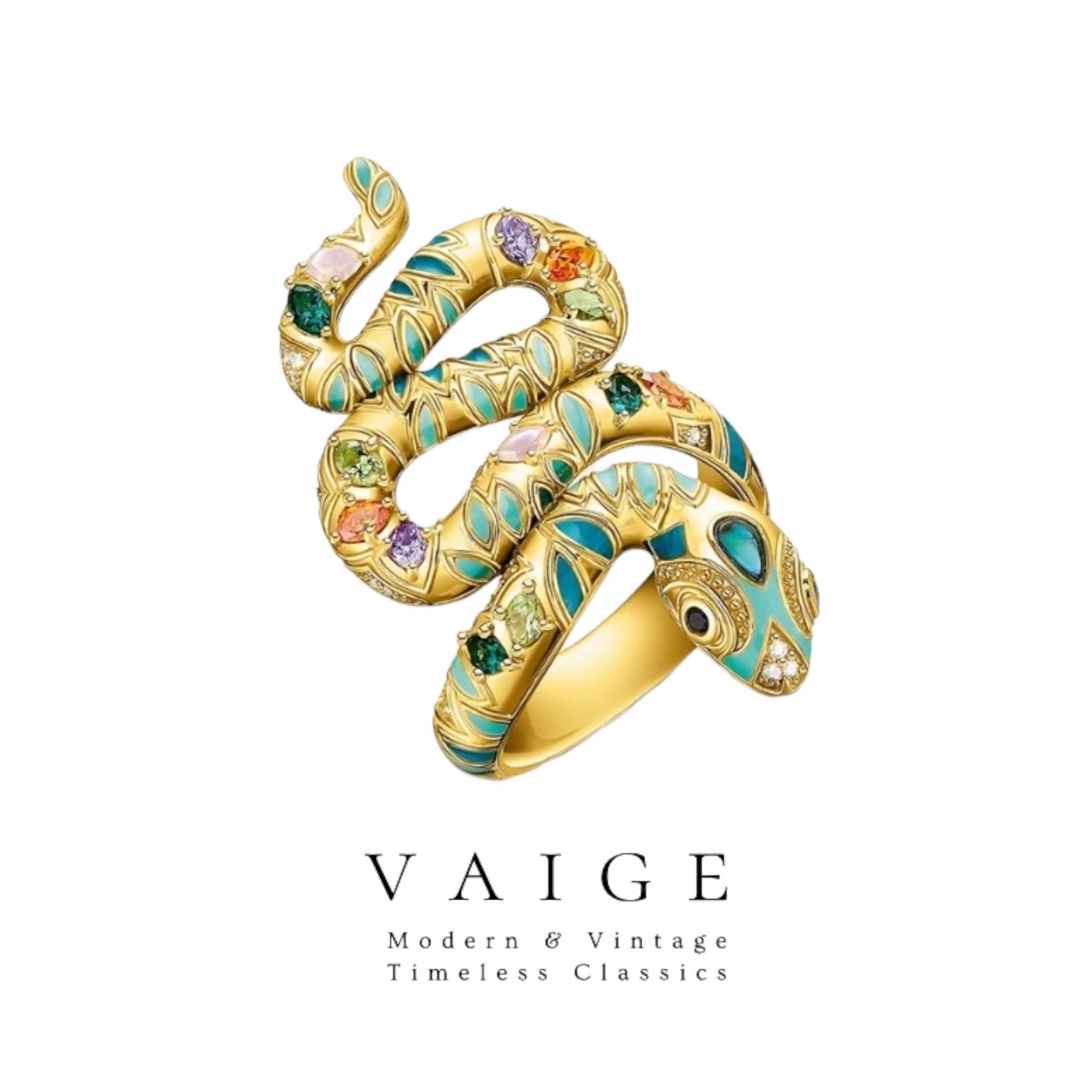 VAIGE 18K Gold Plated Serpentine Zircon Ring in Bright Golden Finish