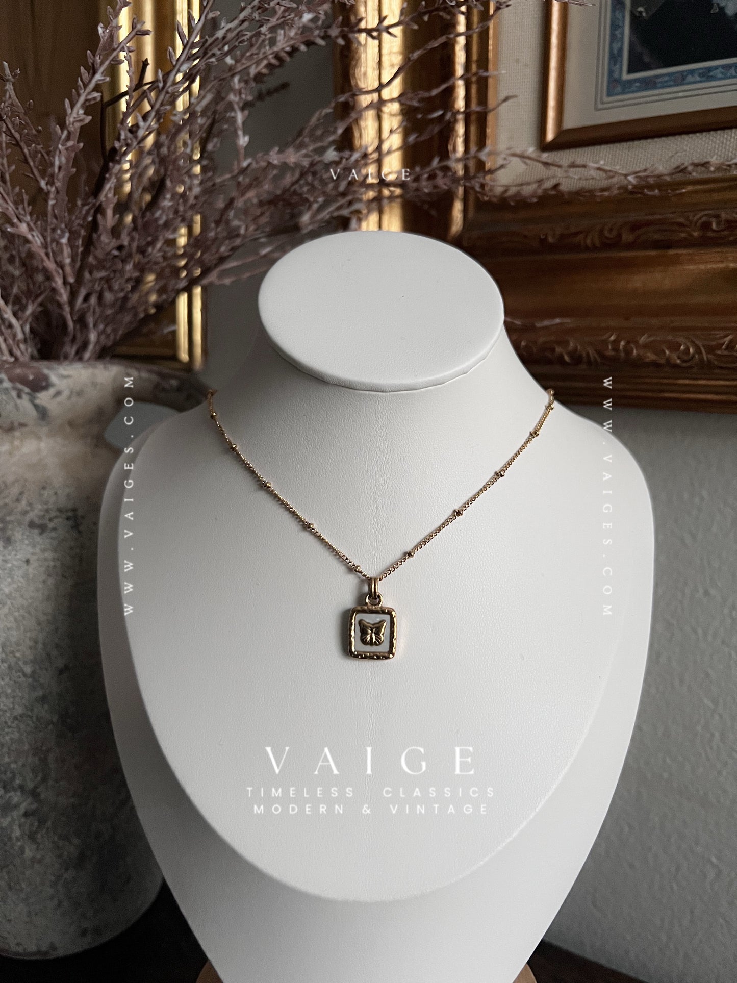 VAIGE Butterfly Shell Pendant Necklace Stainless Steel Gold