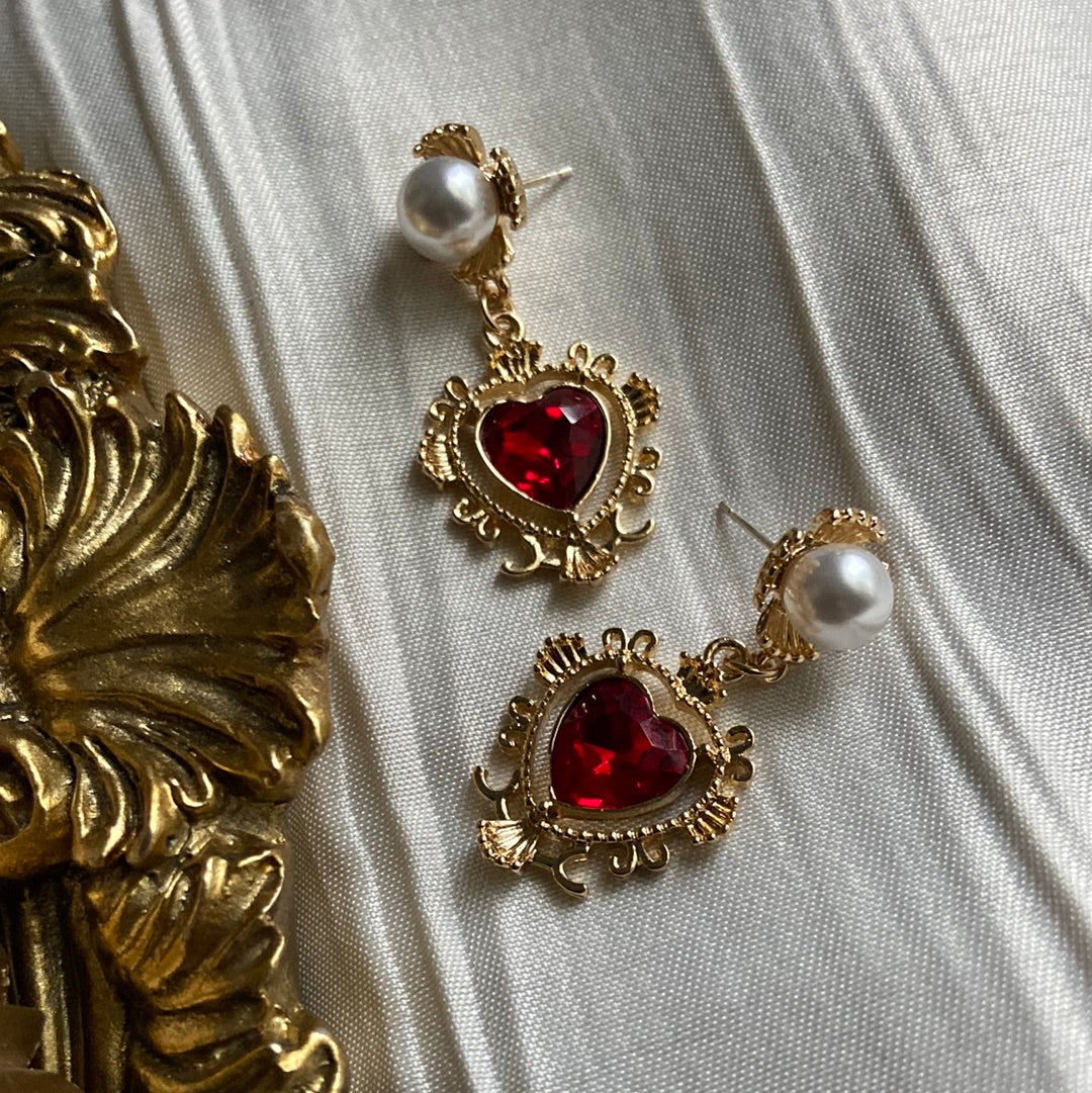 Red Heart Dangle Pearl Earrings