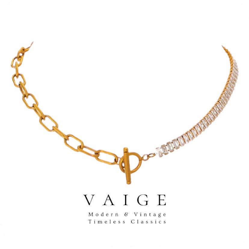 VAIGE Elegant Gold Zirconia Toggle Box Chain Necklace in Stainless Steel