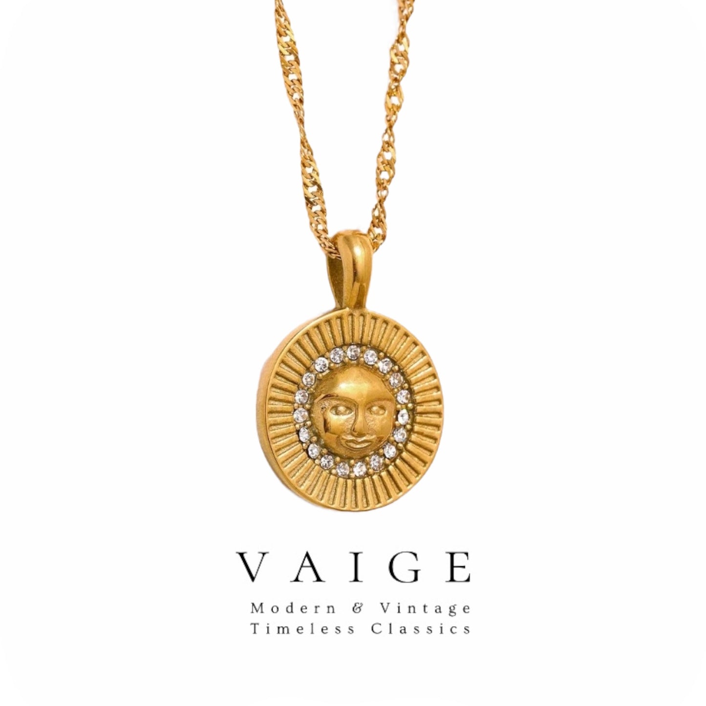 VAIGE Golden Sun Portrait Zircon Stainless Steel Twist Chain Round Pendant Necklace