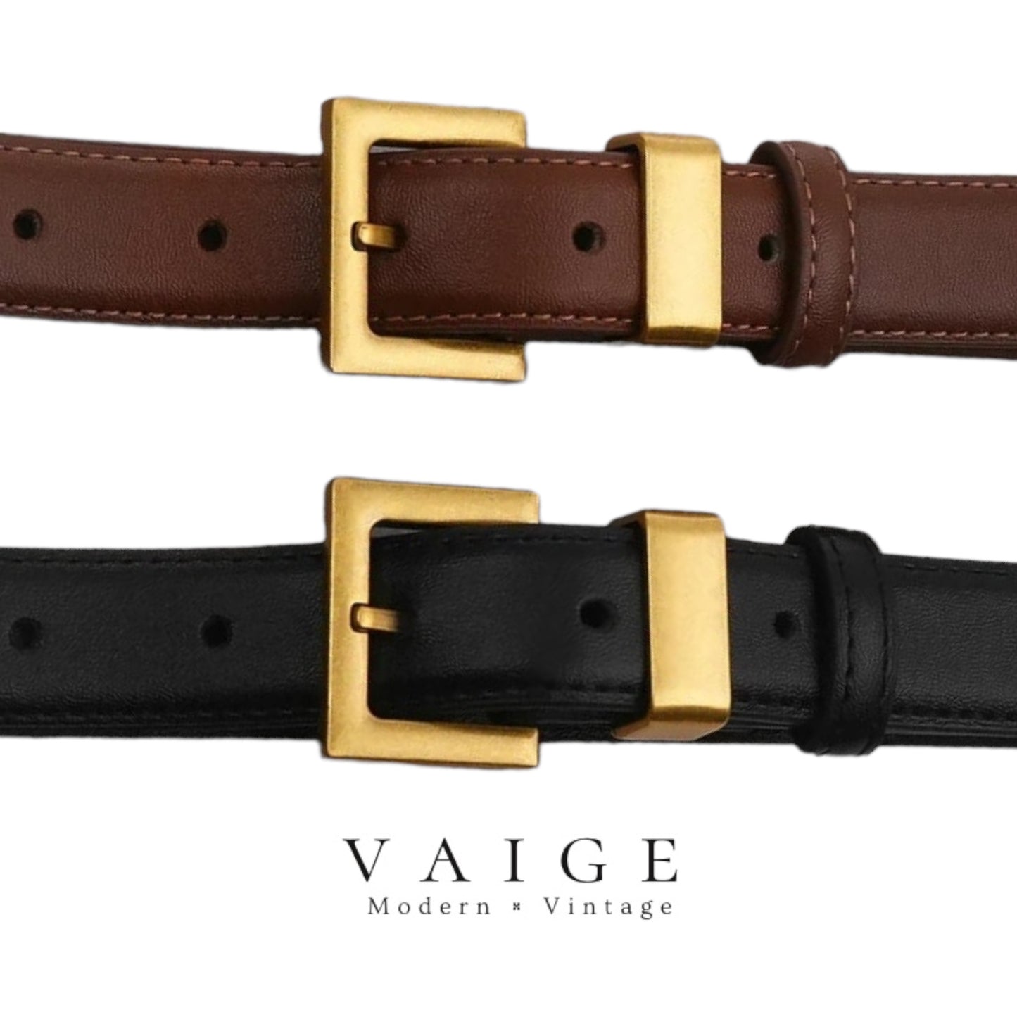 VAIGE Elegant Black Leather Square Gold Buckle Belt