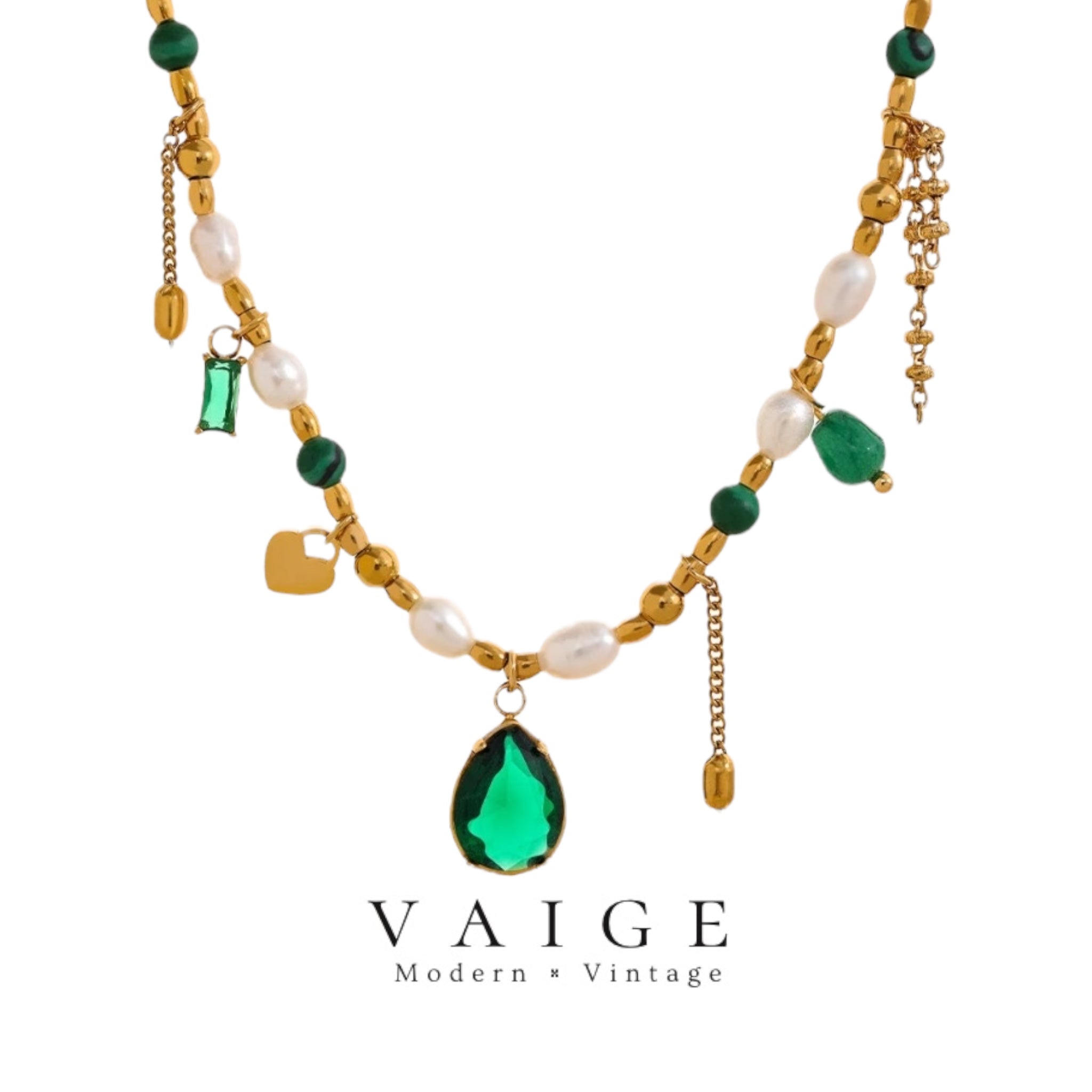 VAIGE Emerald Elegance Beaded Necklace with Natural Pearl and Gold-Plated Stainless Steel