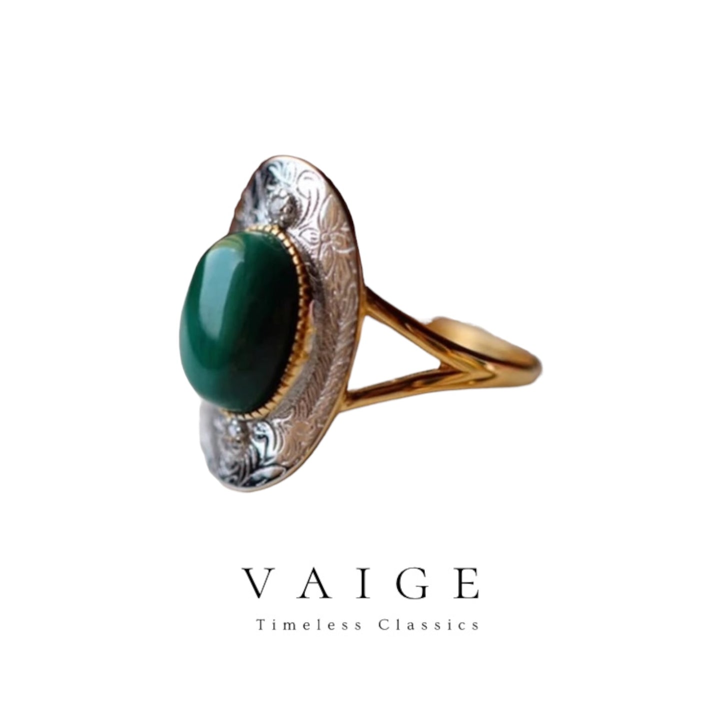 VAIGE Elegant Green Malachite & Sterling Silver Ring