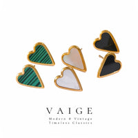 VAIGE Elegant Heart-Shaped Shell Earrings in Black, Green, and White with Stainless Steel Gold Finish