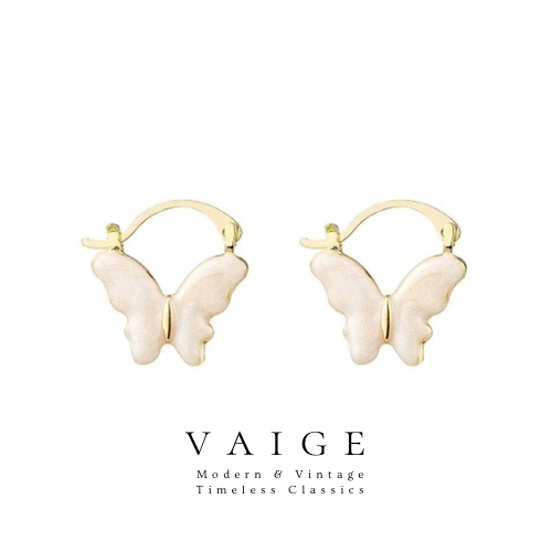 VAIGE Elegant Gold Butterfly Drop Earrings with White Enamel Accents