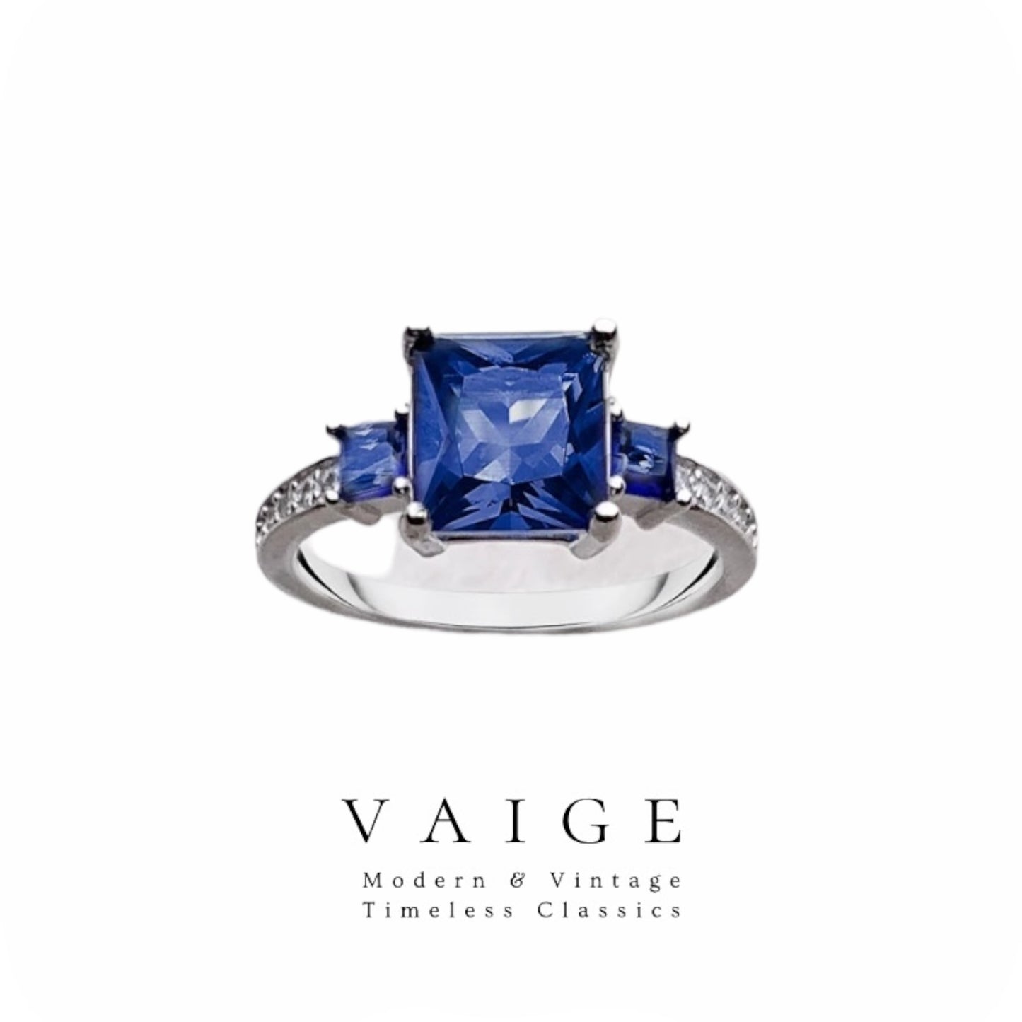 VAIGE Elegant Square Ring with Blue Zircon and White Stones in 925 Sterling Silver