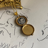 gold engraved circle locket  with photo inside necklace • 18in — Vivian Vintage Collection • only 1 available • View all photos; item is thrifted/vintage and may show flaws: (  )