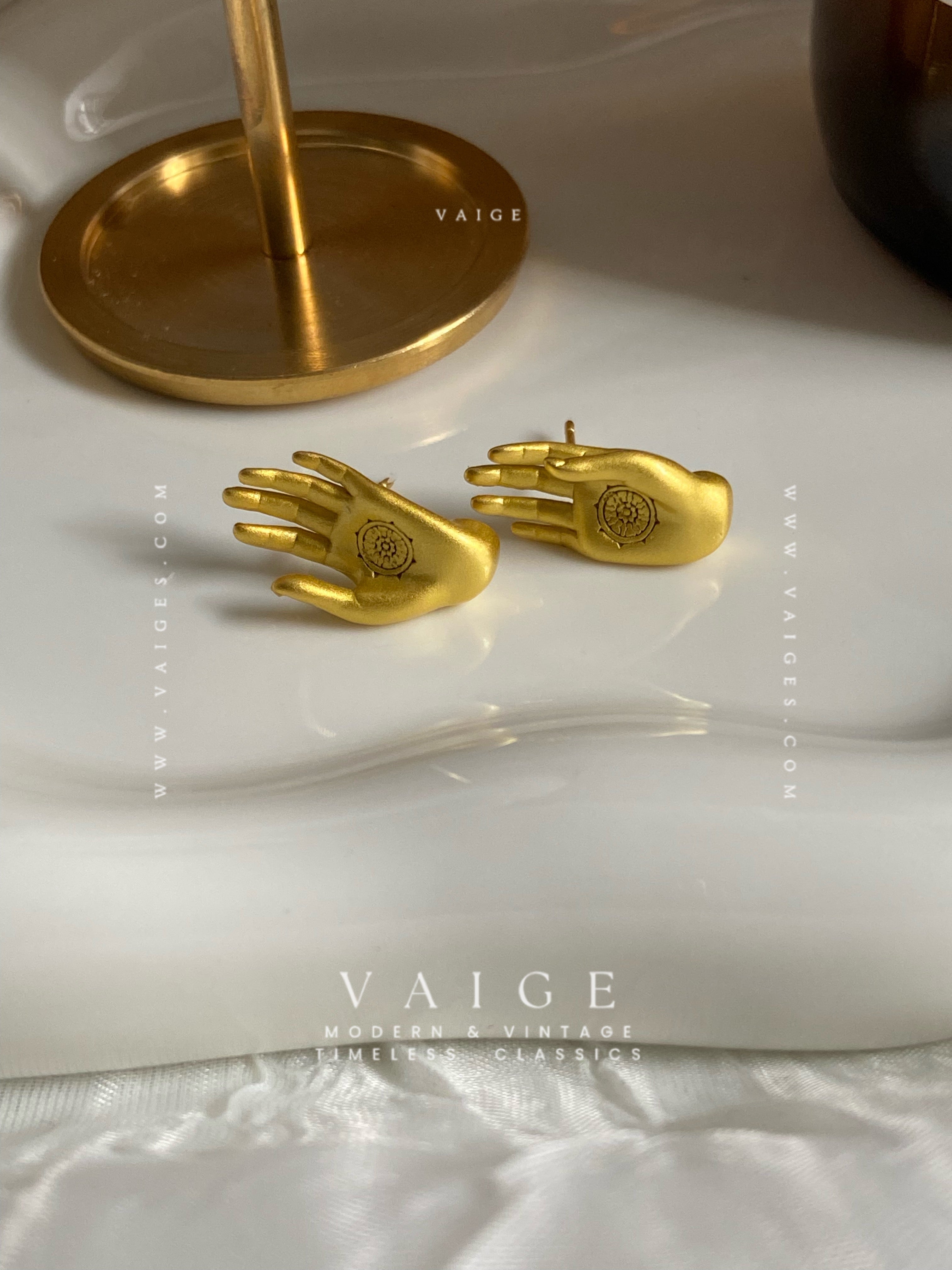 VAIGE 14K Gold-Plated Buddhism Hand Ear Studs