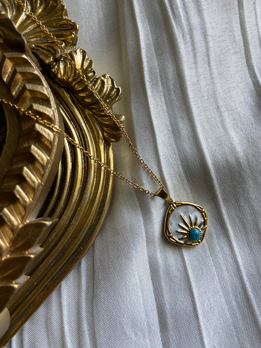 diamond blue stone sun rays necklace