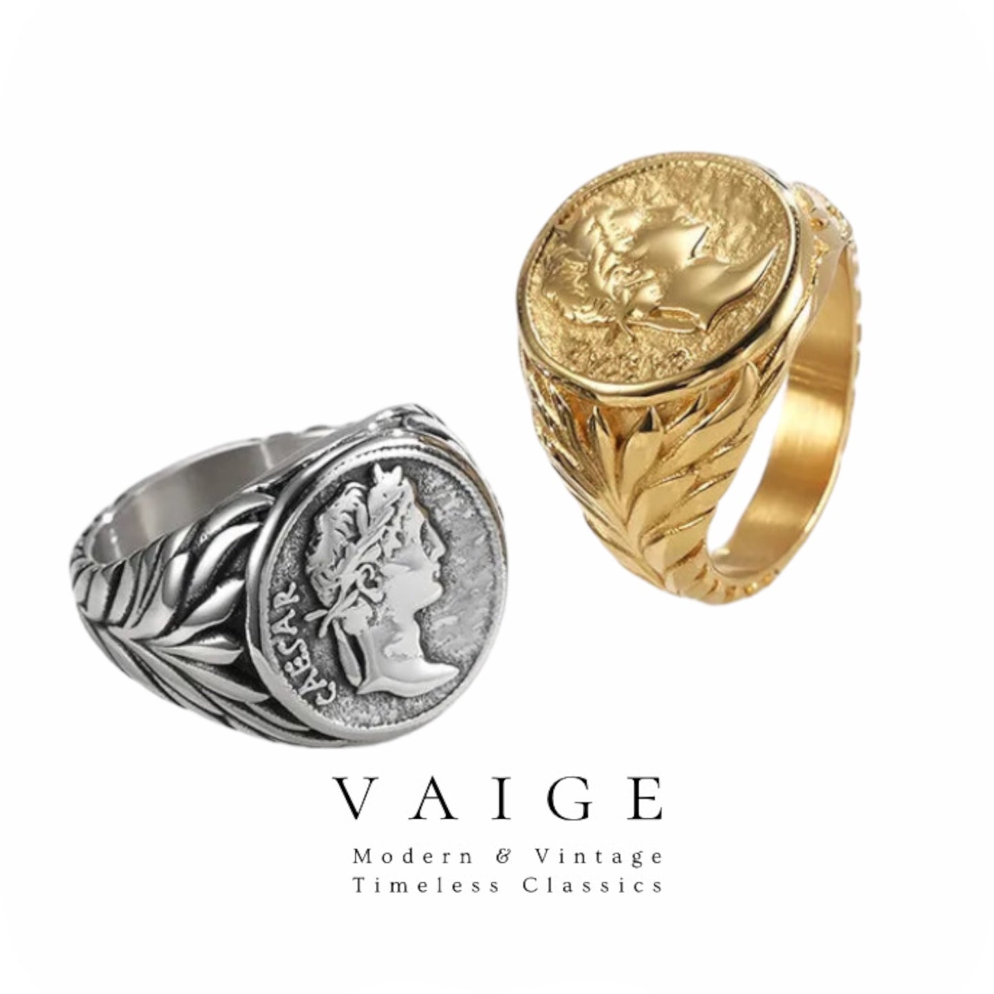 VAIGE Bold Geometric Gold and Silver Stainless Steel Signet Ring