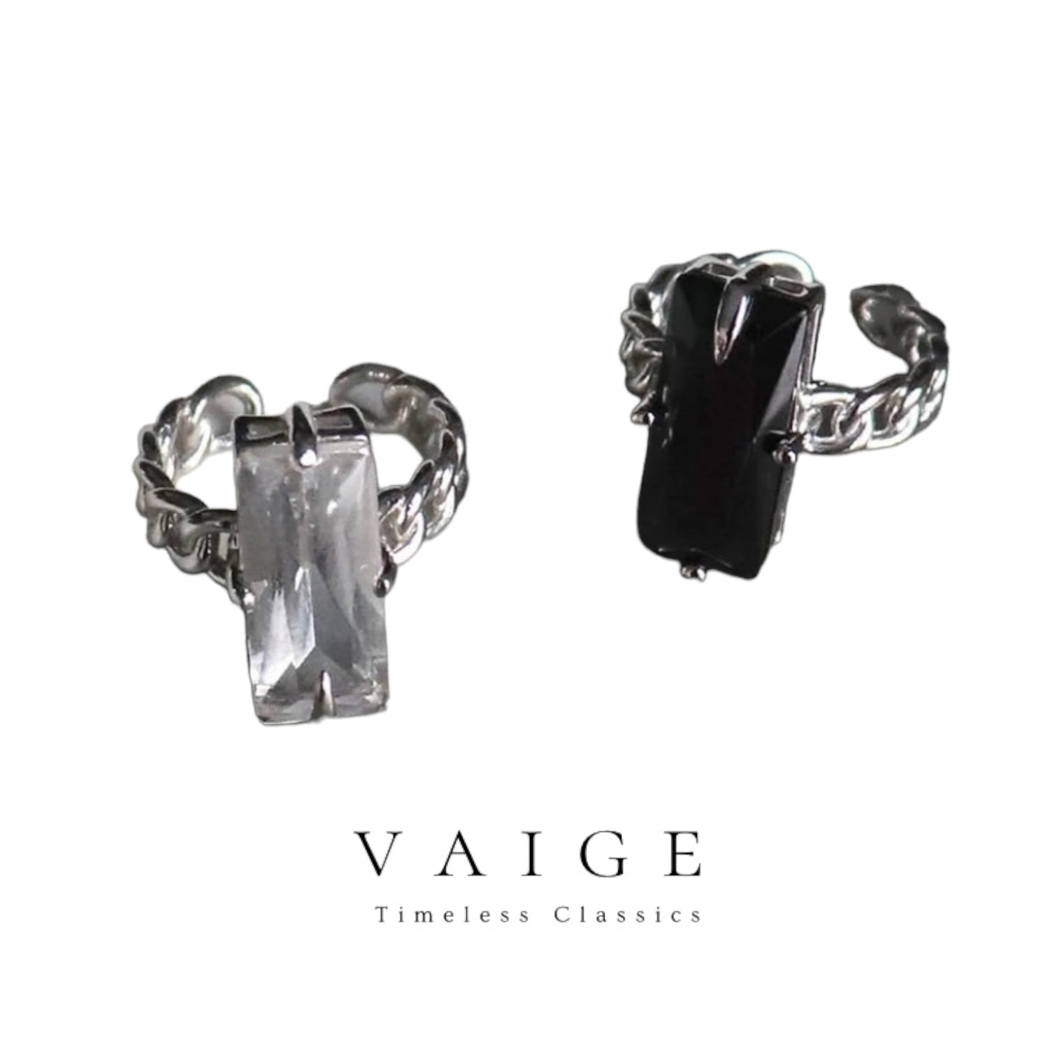 VAIGE Elegant Silver and Black Cubic Zirconia Rectangular Statement Ring