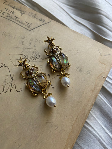 VAIGE Sparkling Beetle Insect Earrings with Faux Pearl and Rhinestones in Silver and Gold