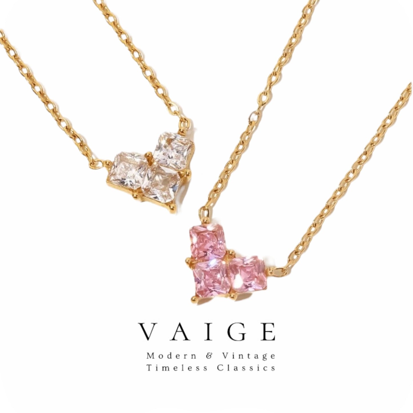 VAIGE Elegant Heart Shaped Pendant Necklace in Pink, Green, and White Zirconia with Stainless Steel Charm