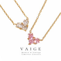 VAIGE Elegant Heart Shaped Pendant Necklace in Pink, Green, and White Zirconia with Stainless Steel Charm